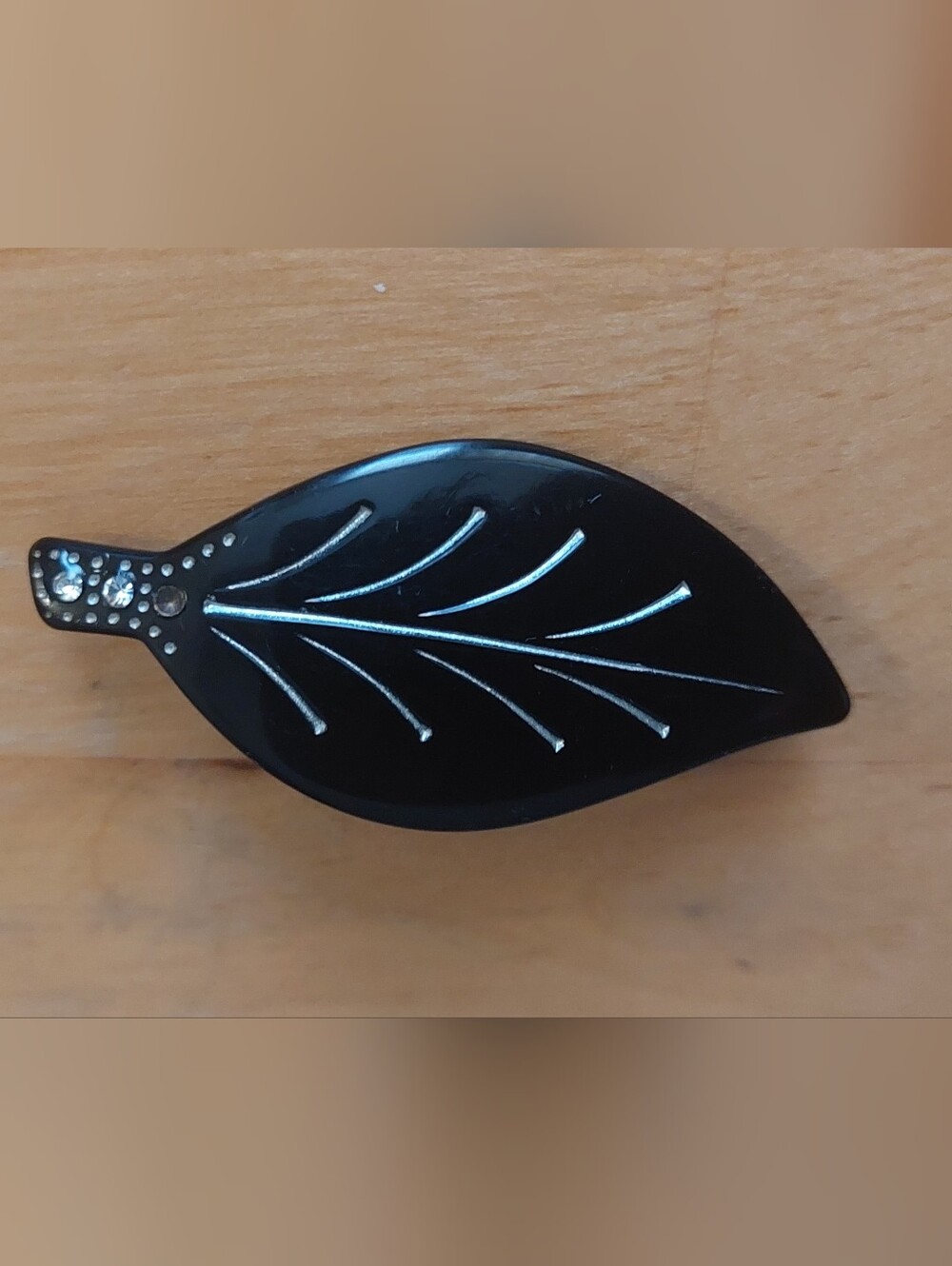 Vintage Black Lucite Leaf  Brooch with Silver Accents